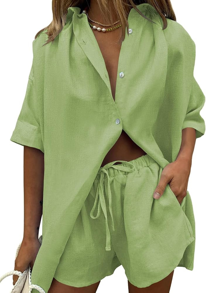 Fixmatti Women 2 Piece Outfits Long Sleeve Button Down Blouse and Shorts Sweatsuit Sets | Amazon (US)