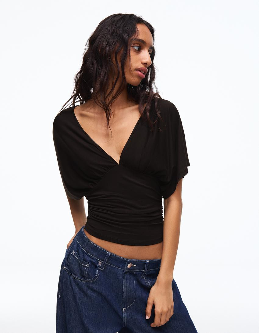 Ruched V-neck T-shirt - Women | Bershka UK