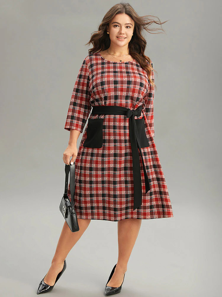 Christmas Plaid Belted Patched Pocket Dress | Bloomchic