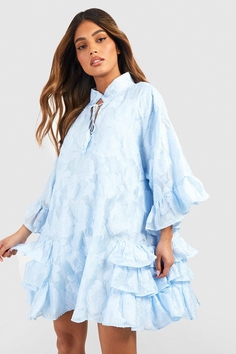 Womens Textured Woven Ruffle Smock Dress - Blue - 14 | Boohoo.com (US & CA)