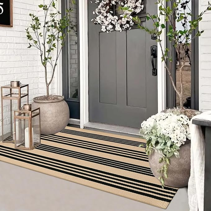Striped Outdoor Front Door Mat 24"x51", Cotton Hand Woven Washable Black and Khaki Rug Runner, Re... | Amazon (US)