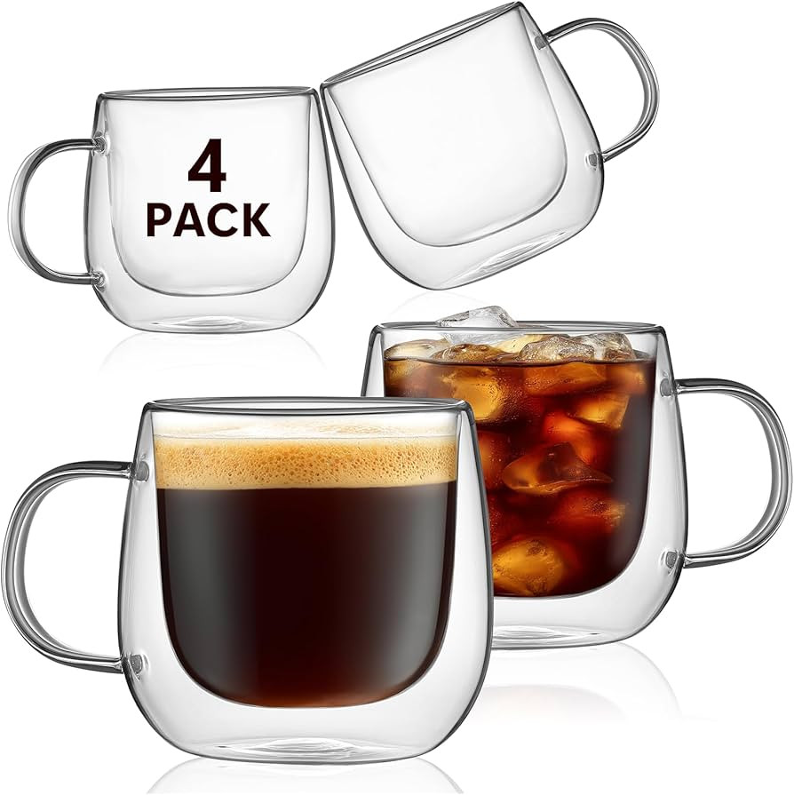 4 Pack Double Walled Glass Coffee Mugs, 16 oz Large Insulated Clear Coffee Cups with Handle, Capp... | Amazon (US)