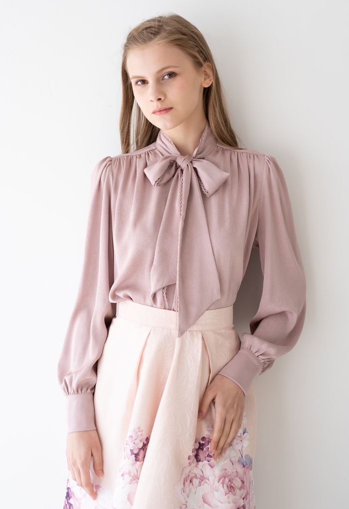 Lacy Edge Bowknot Textured Satin Top in Dusty Pink | Chicwish