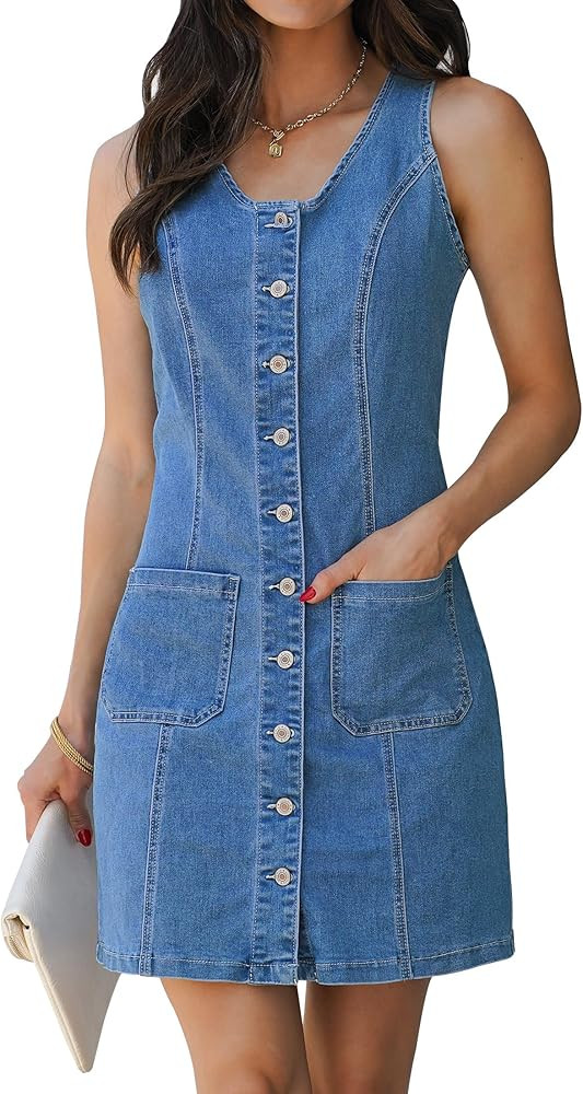 luvamia Denim Dresses for Women Sleeveless Stretchy Jean Summer Casual Western Short Button Down ... | Amazon (US)