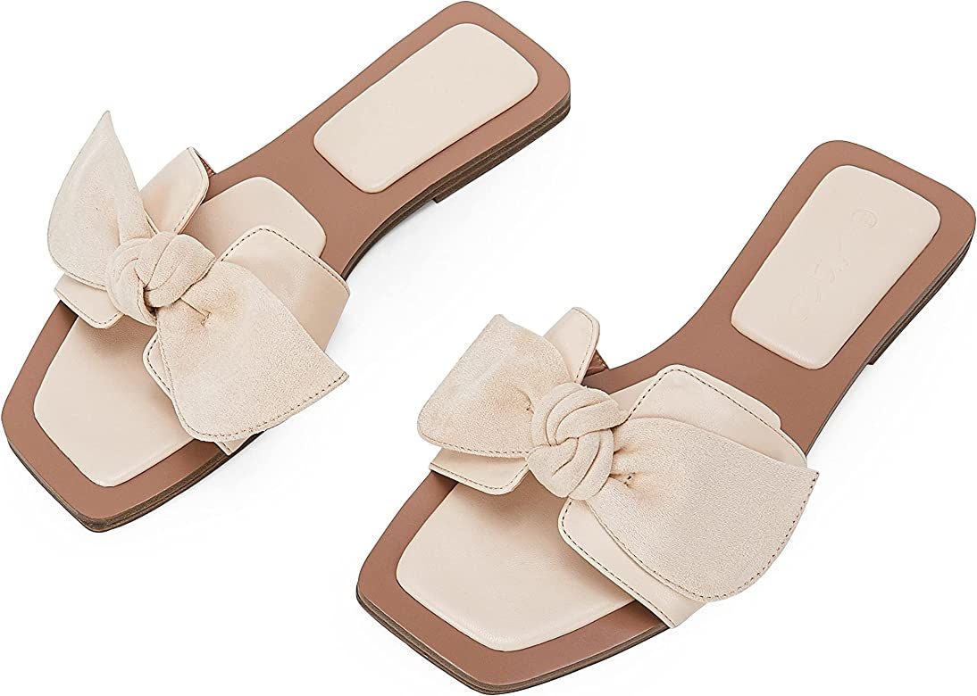 LAICIGO Women’ s Bowknot Slides Square Open Toe H Band Summer Dress Fashion Slip On Flat Sandal... | Amazon (US)