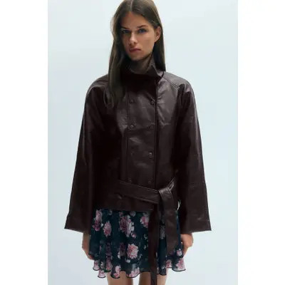 H&M Double-Breasted Coated Jacket in Dark Brown at Nordstrom, Size Large | Nordstrom