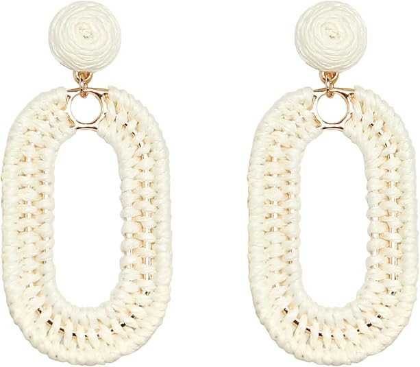 Raffia Oval Earrings for Women - Boho Woven Rattan Earrings for Summer Beach - Tropical Vacation ... | Amazon (US)