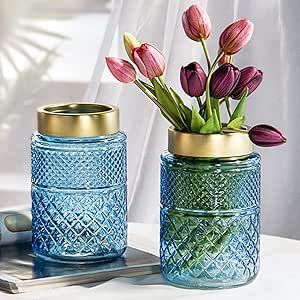 2-Pack Flower Vase Glass, Blue Fluted Vase with Golden Metal Top, Stylish Decorative for Tabletop... | Amazon (US)