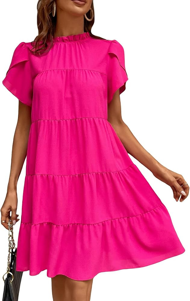 Verdusa Women's Tie Back Petal Sleeve Mock Neck Ruffle Hem A Line Swing Smock Dress | Amazon (US)