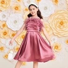 Tween Girls Elegant Satin Feather Decor Sleeveless Dress | SHEIN