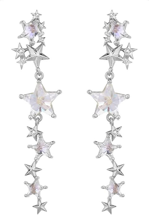 Crystal Long Star Dangle Earrings for Women Girls 925 Sterling Silver Post Pin 14K Gold Plated Sh... | Amazon (US)