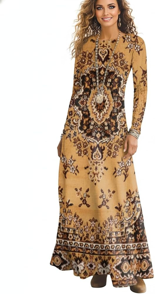 Women's Boho Print Maxi Long Sleeve A-Line Casual Flowy Gown Artistic Vintage Floral Geometric Ho... | Amazon (US)