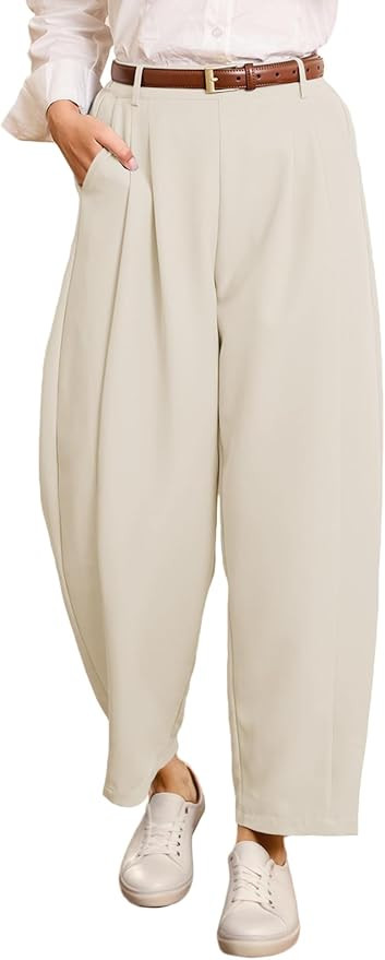 EVALESS Womens Wide Leg Barrel Pants Elastic High Waisted Side Pocket Palazzo Trousers Business W... | Amazon (US)