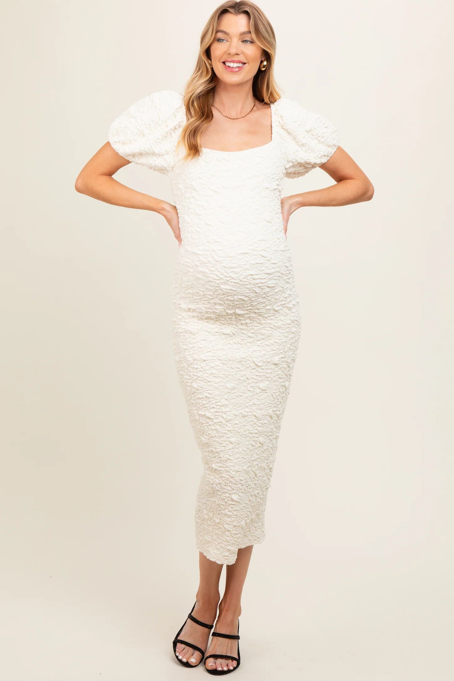 Ivory Textured Square Neck Puff Sleeve Maternity Midi Dress | PinkBlush Maternity