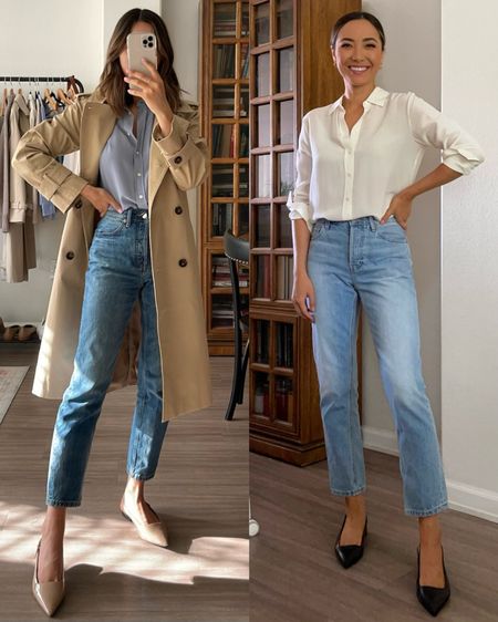 Minimal/classic smart casual workwear 

Everlane washable silk shirt size 0 
Everlane 90s cheeky jeans - [left] vintage mid wash blue, sized down one 26.5” inseam
[right] vintage sunbleached blue tts 26.5” 

#officeoutfits #classicstyle #minimalstyle #ad #everlane

#LTKWorkwear #LTKStyleTip