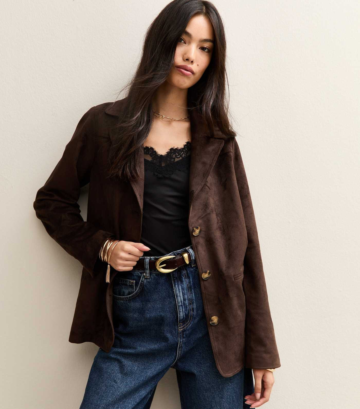 Dark Brown Faux Suede Button Through Jacket | New Look | New Look (UK)