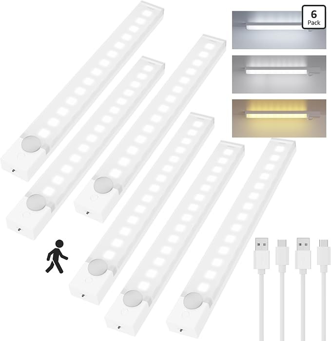 Under Cabinet Lighting 8 Inches Rechargeable Motion Sensor Light Indoor, 3 Color Dimmable Closet ... | Amazon (US)
