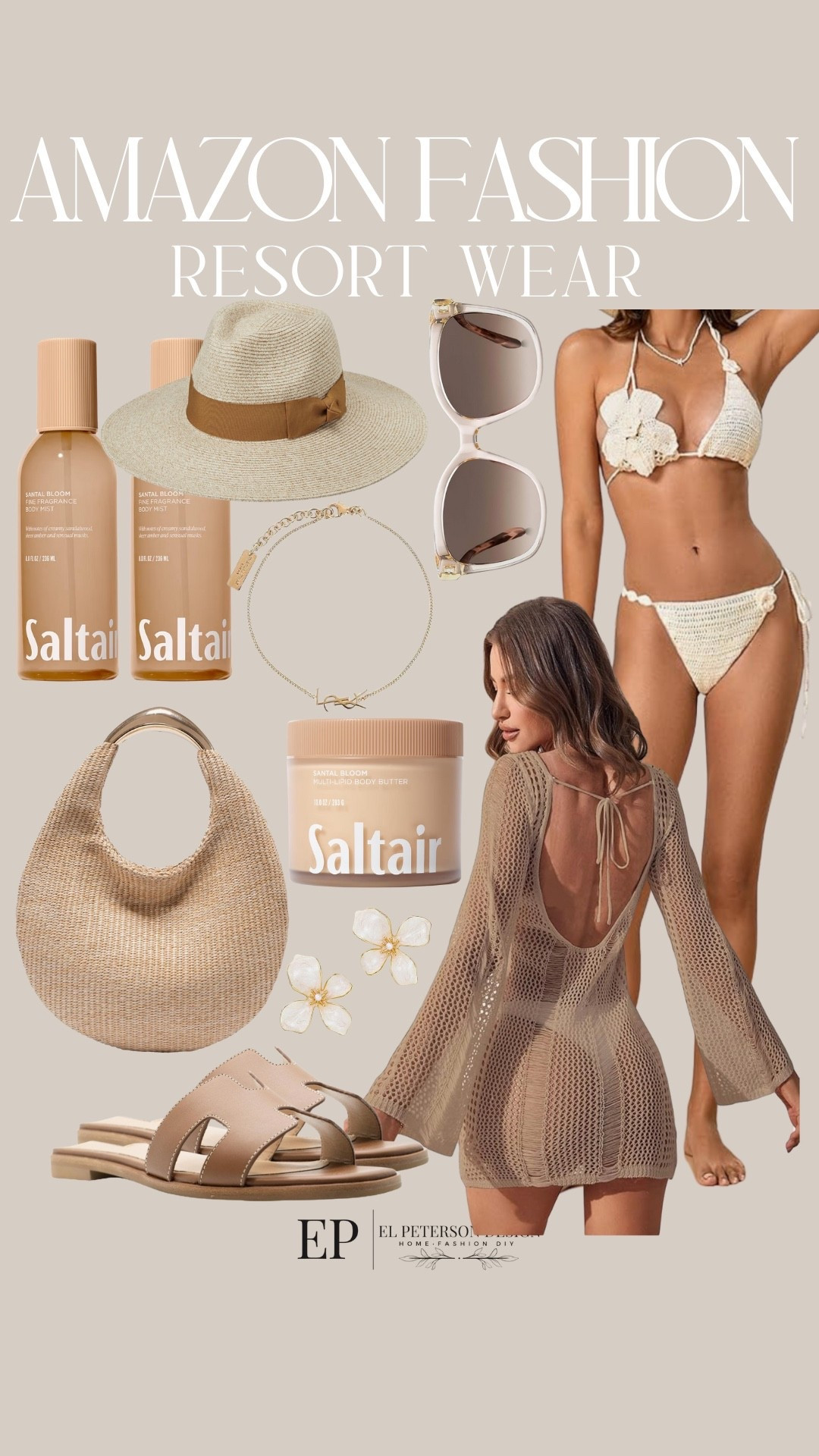 Amazon
Resort Wear
Swim cover up
Bikini
Straw purse
Bracelet
Sandals
Fedora hat
Sunglasses
Earrings 