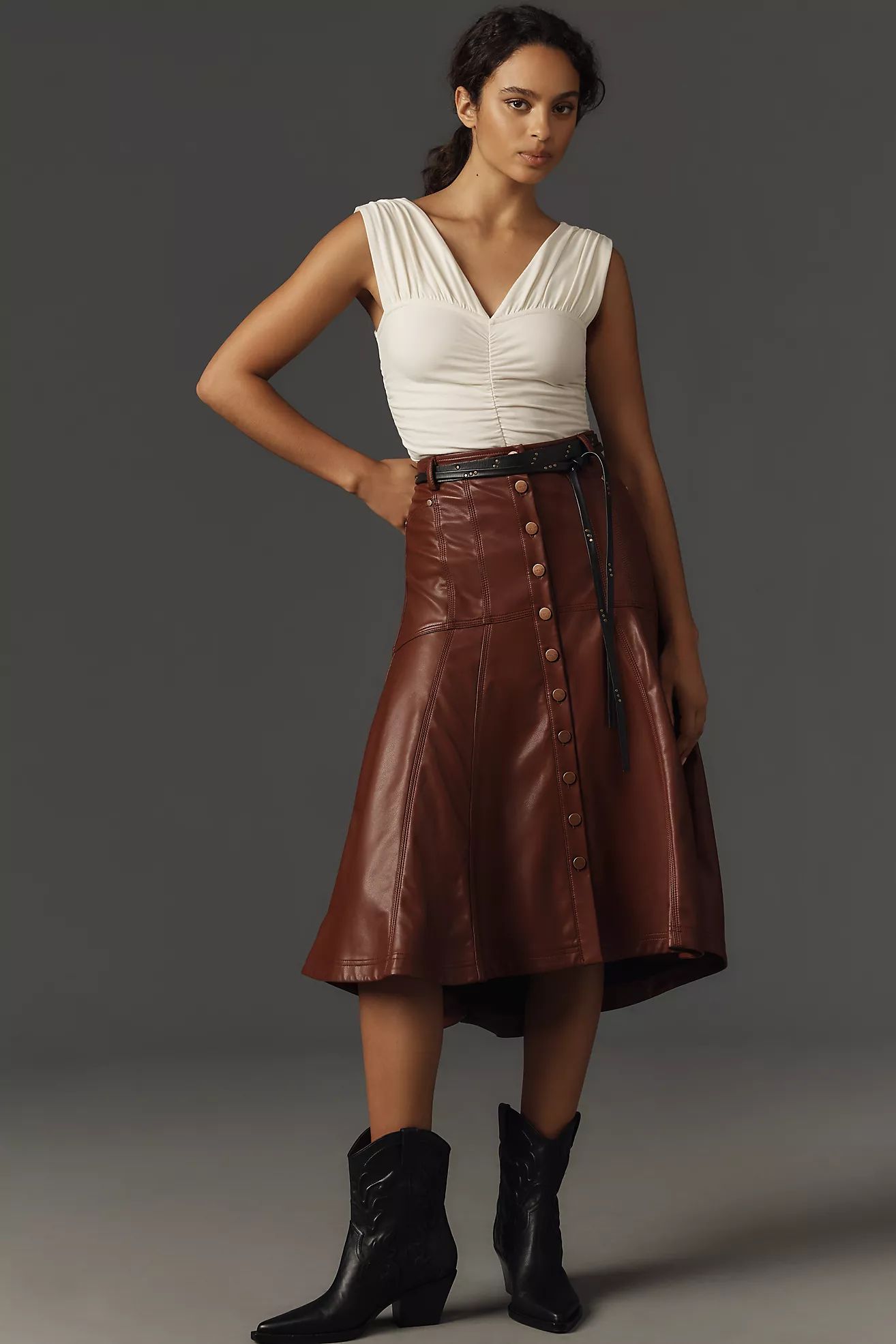 Pilcro Seamed-Yoke Faux-Leather Midi Skirt | Anthropologie (US)