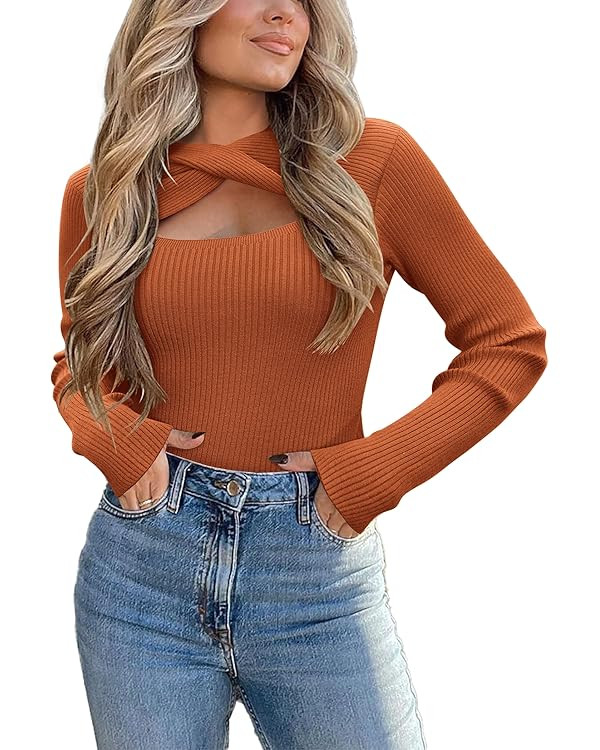 Zeagoo Sweaters for Women 2024 Knit Trendy Long Sleeve Lightweight Slim Fit Pullover Cutout Tops ... | Amazon (US)