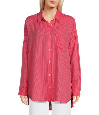 Mini Stripe Print Oversized Fit Button-Front Woven Shirt | Dillard's