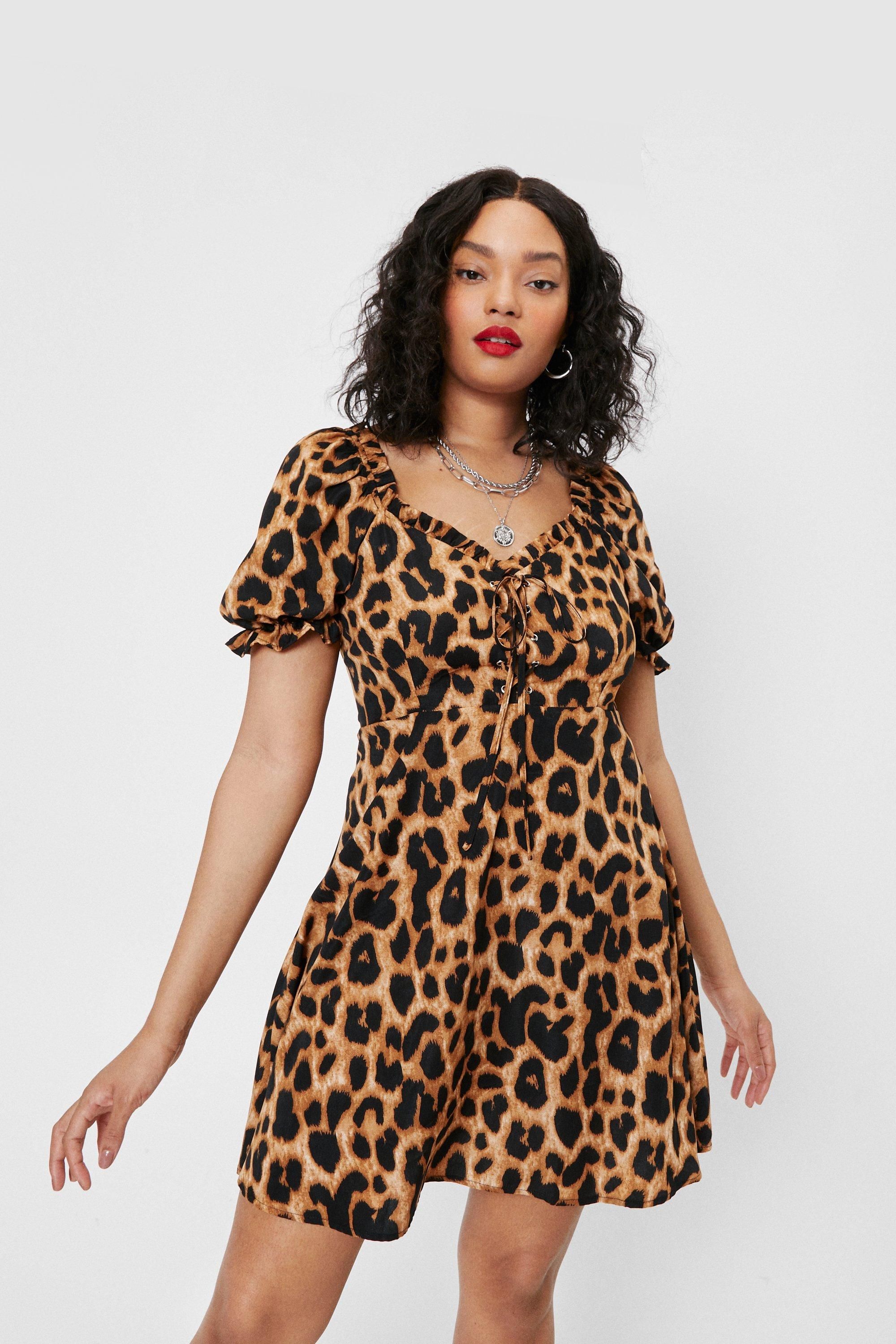 Plus Size Lace Up Puff Sleeve Leopard Mini Dress | Nasty Gal (US)