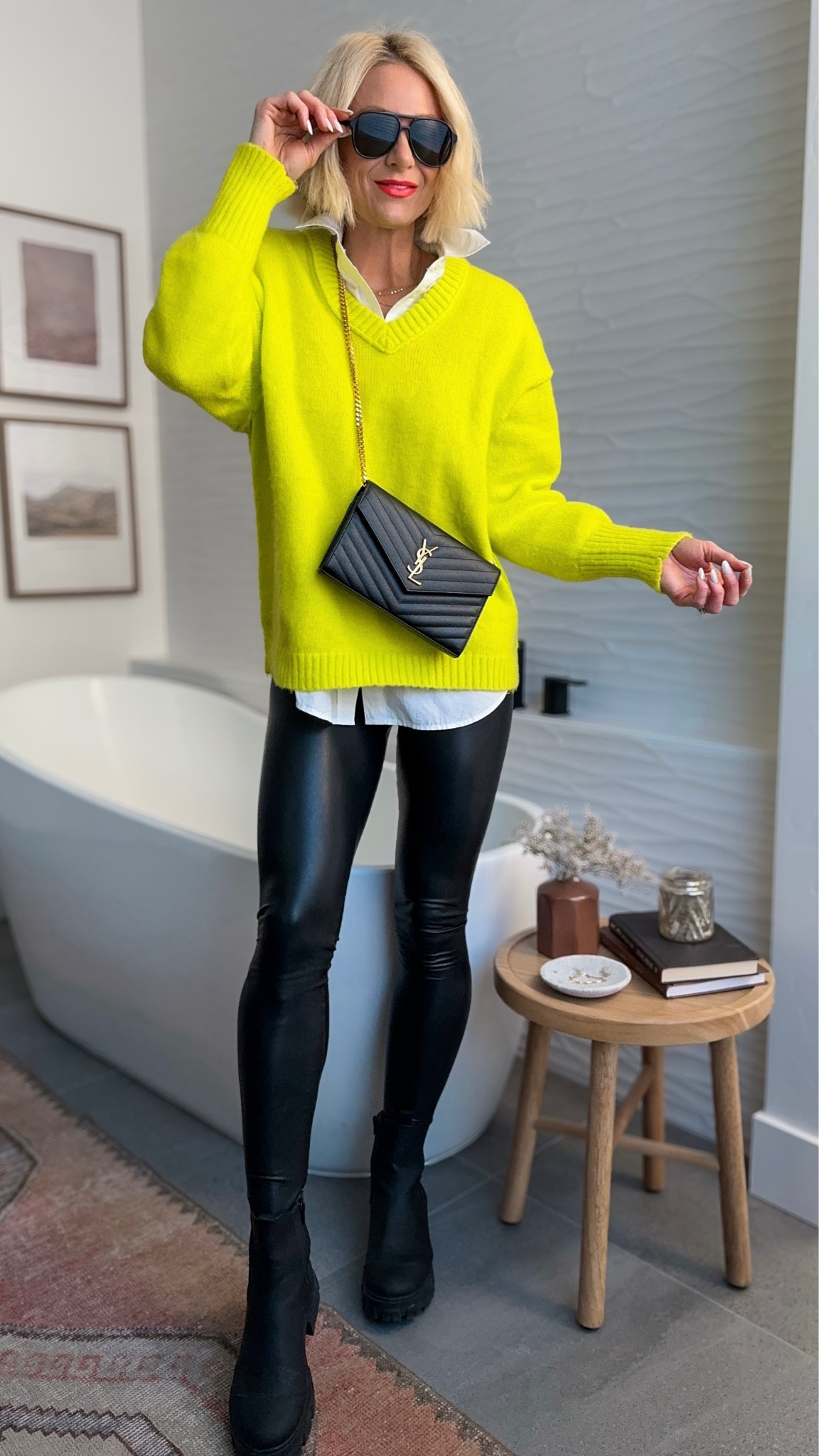 A pop of color! Oversized v neck sweater comes in 3 more colors. A classic white button down to style all 4 seasons — love the oversized fit, split hem & price is great!  Boots are selling fast; linked very similar styles .
Budget basics that are some of my wardrobe staples.

Sizing:
Sweater - wearing a small, runs oversized 
White shirt- wearing a small, runs oversized
Leggings - wearing a medium. Fits TTS
💄true coral
👱🏽‍♀️tanning drops: med/dark ( I add to my nightly moisturizer every other night )

#LTKSeasonal #LTKover40 #LTKstyletip