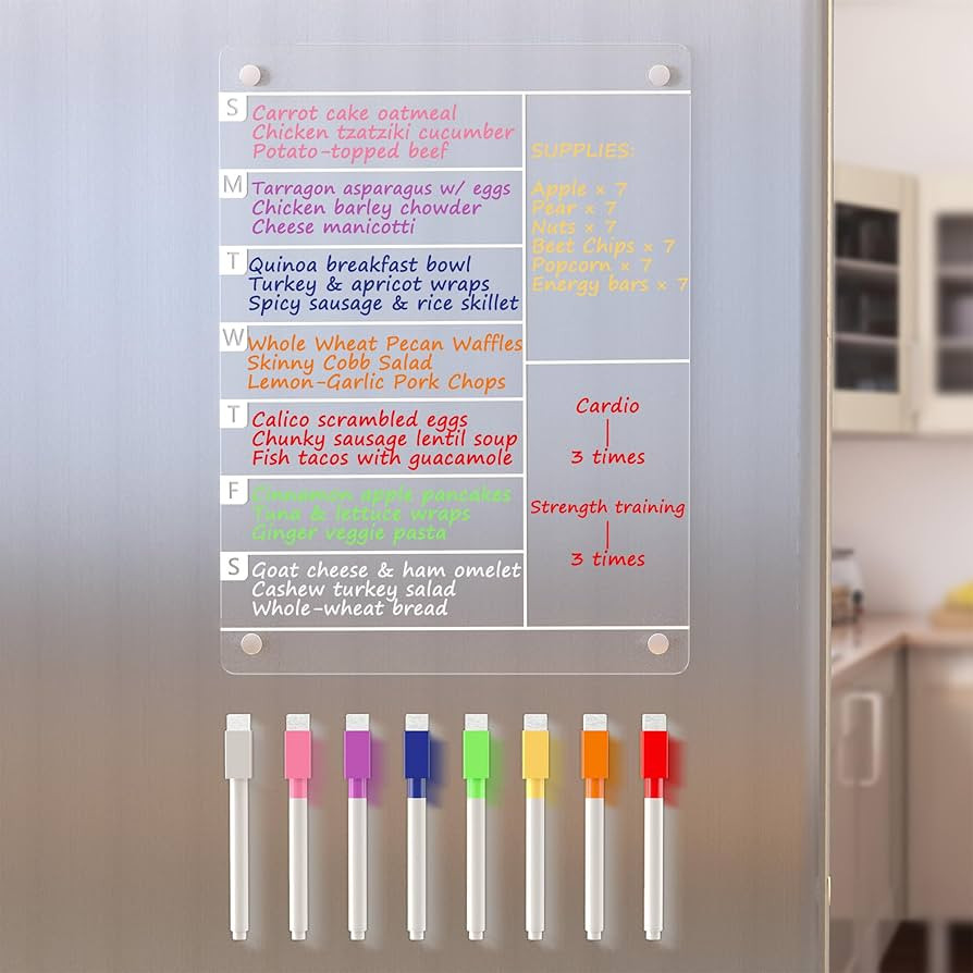 Acrylic Meal Planner Magnetic Menu Board for Kitchen Fridge w/ 8 Markers, Clear Refrigerator Week... | Amazon (US)