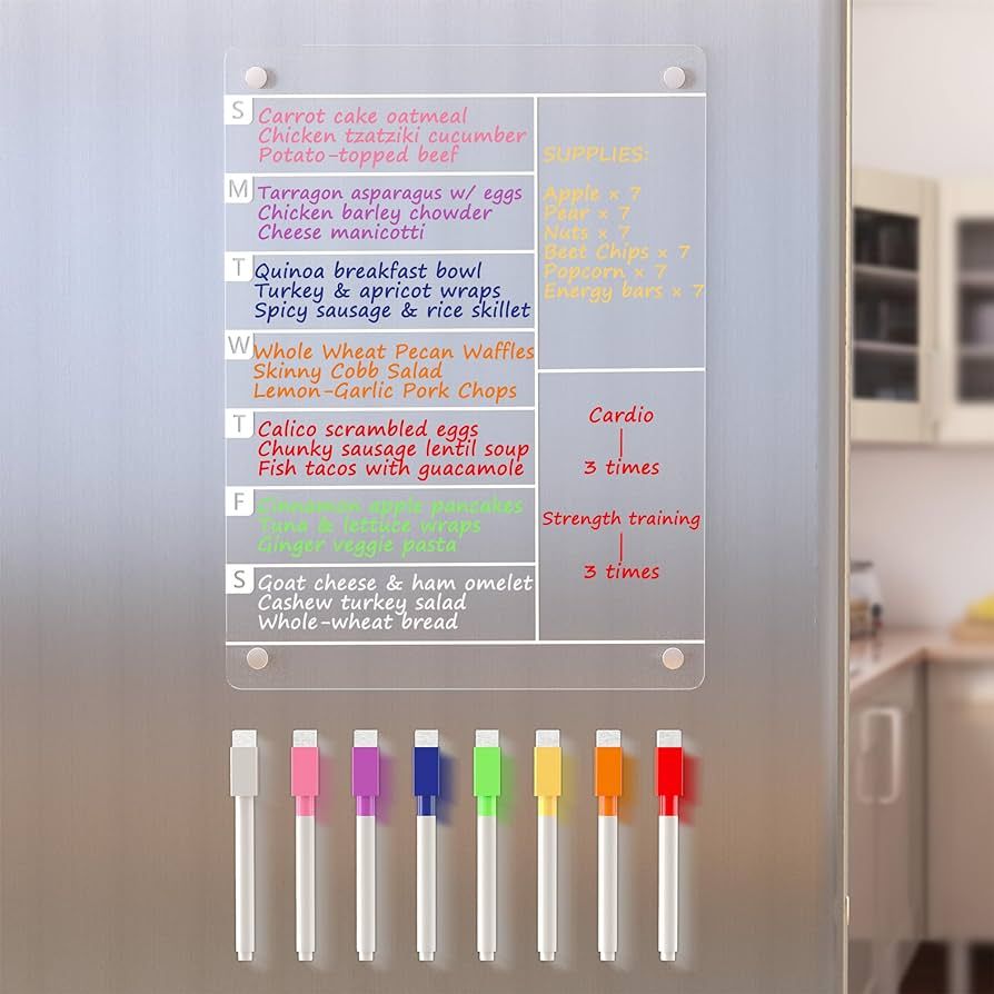 Acrylic Meal Planner Magnetic Menu Board for Kitchen Fridge w/ 8 Markers, Clear Refrigerator Week... | Amazon (US)