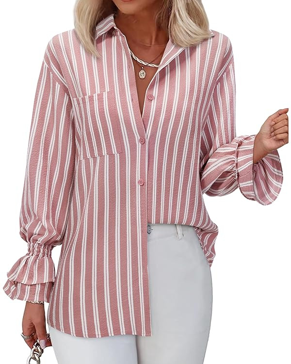 Women's Striped Button Down Shirt Smocked Cuffed Boyfriend Blouse Ruffle Sleeve Casual Tunic Tops... | Amazon (US)