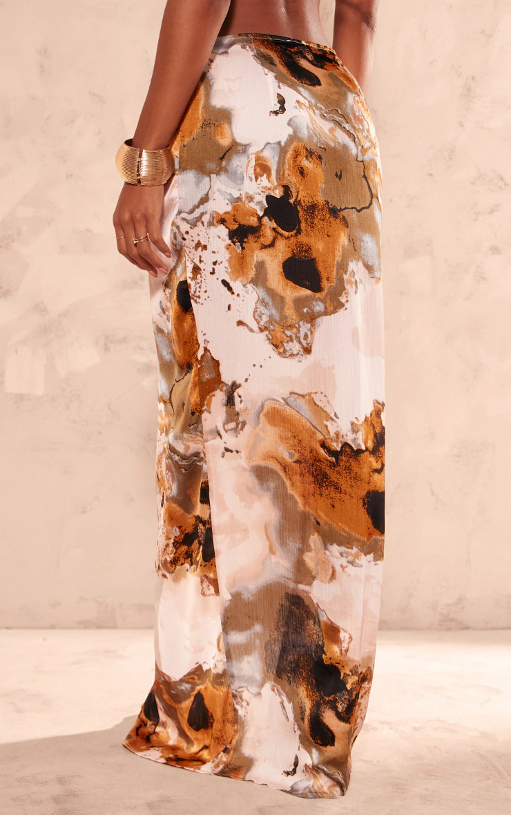 Orange Satin Marble Ruched Side Slit Maxi Skirt | PrettyLittleThing US