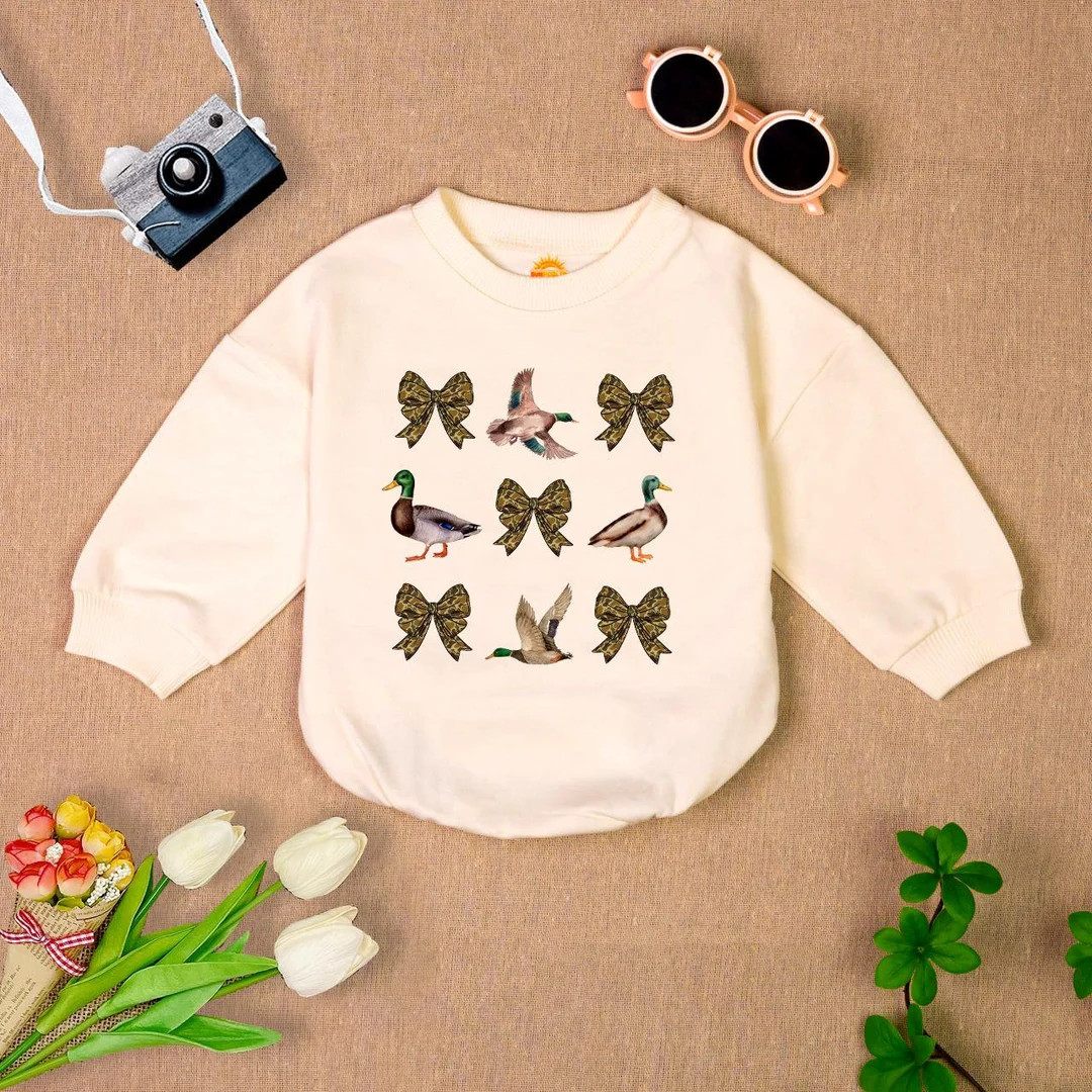 Duck Hunt Camo Coquette Bow Romper Sweatshirt, Newborn Outfit, Camouflage Bow Baby Clothes, Baby ... | Etsy (US)