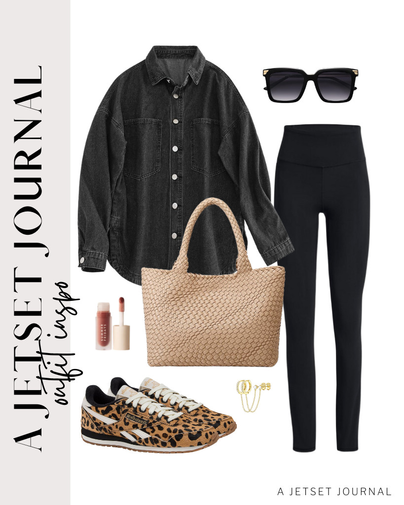 The last outfit features a black button-down denim shirt from LifeShe and SINOPHANT high-waisted leggings. Let’s style this fit with this woven shoulder bag and Reebok sneakers. Complete the look with small stud earrings and SOJOS retro oversized square sunglasses. 

 #LTKSeasonal #LTKSaleAlert #LTKTravel