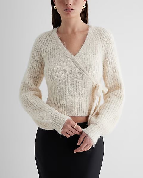 Fuzzy Ribbed Surplice Tie Sweater | Express