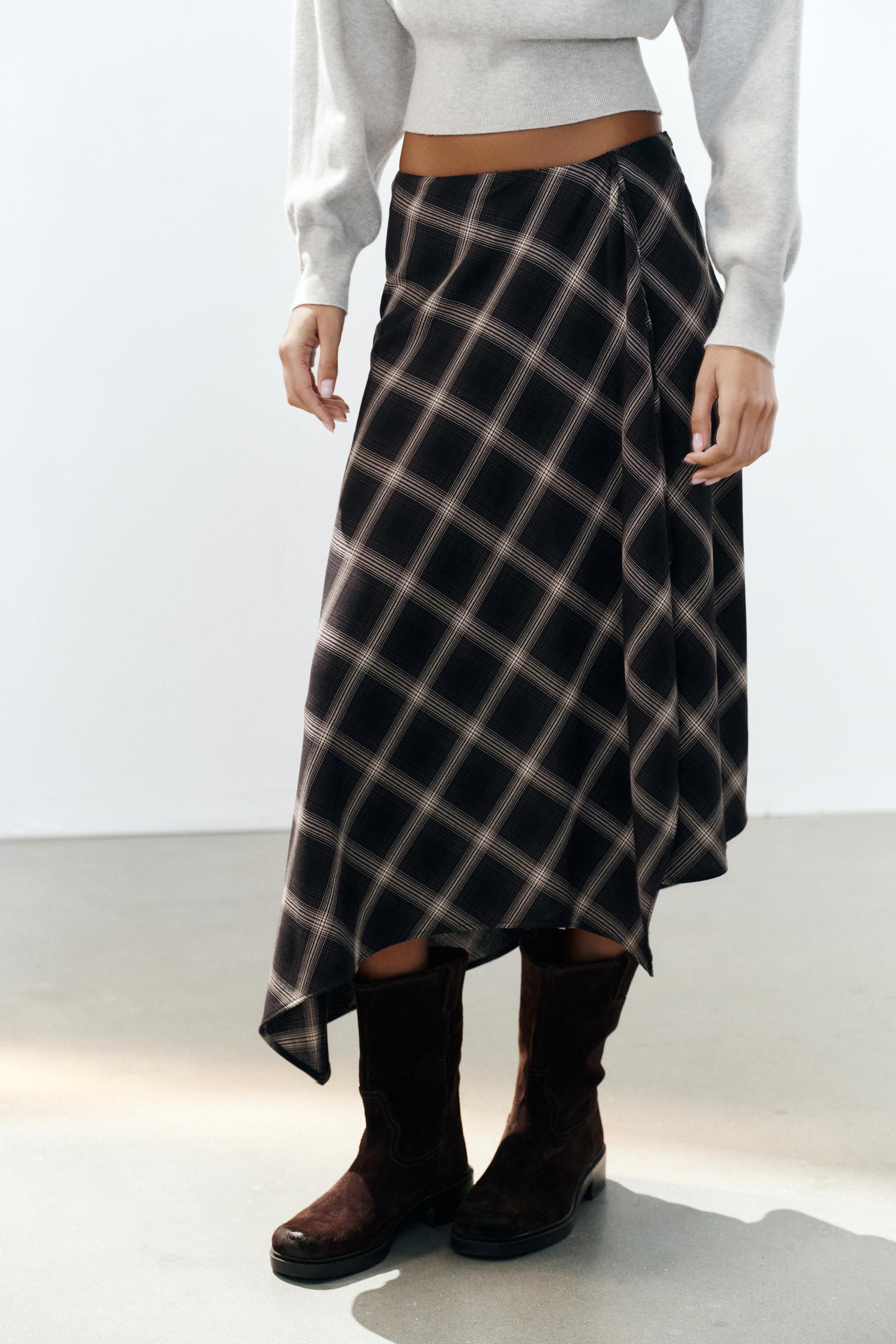 Zara - Asymmetric Check Skirt With Slit - Black / Brown - Xs - Woman | Zara US
