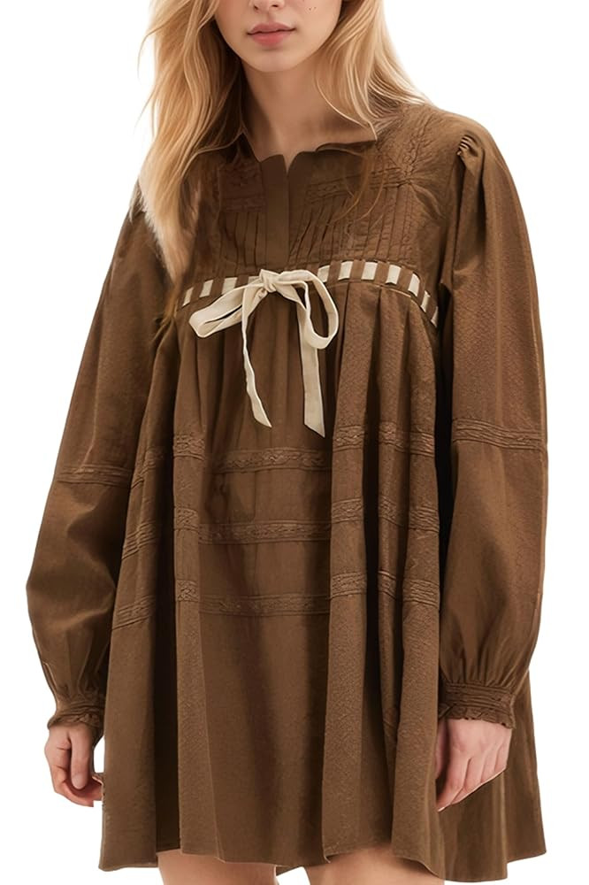 D-Sun Women Babydoll Dress Long Puff Sleeve Square Neck Lace A-Line Flowy Mini Dress Tie Embroide... | Amazon (US)