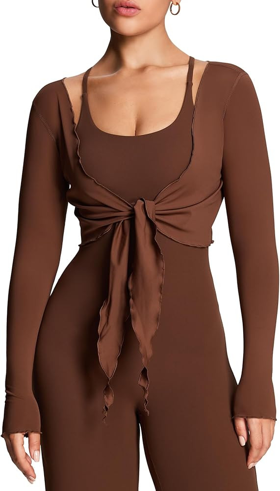 Aoxjox Women's Athlenza Ruffle Wrap Tie Front Tops Long Sleeve Shrug Crop Top Ballet Yoga Workout... | Amazon (US)