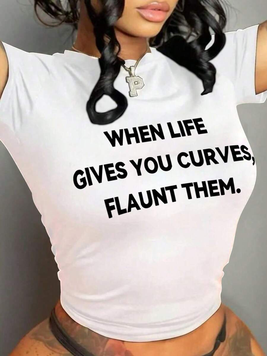 Maweii Plus Size Short-Sleeved T-Shirt With Logo Graphic, WHEN LIFE GIVES YOU CURVES, FLAUNT THEM... | SHEIN