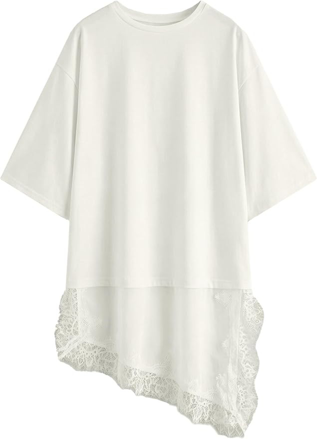 Asymmetrical Lace Top for Women Y2k Short Sleeve Layering T-Shirts Casual Crewneck Tops Streetwea... | Amazon (US)