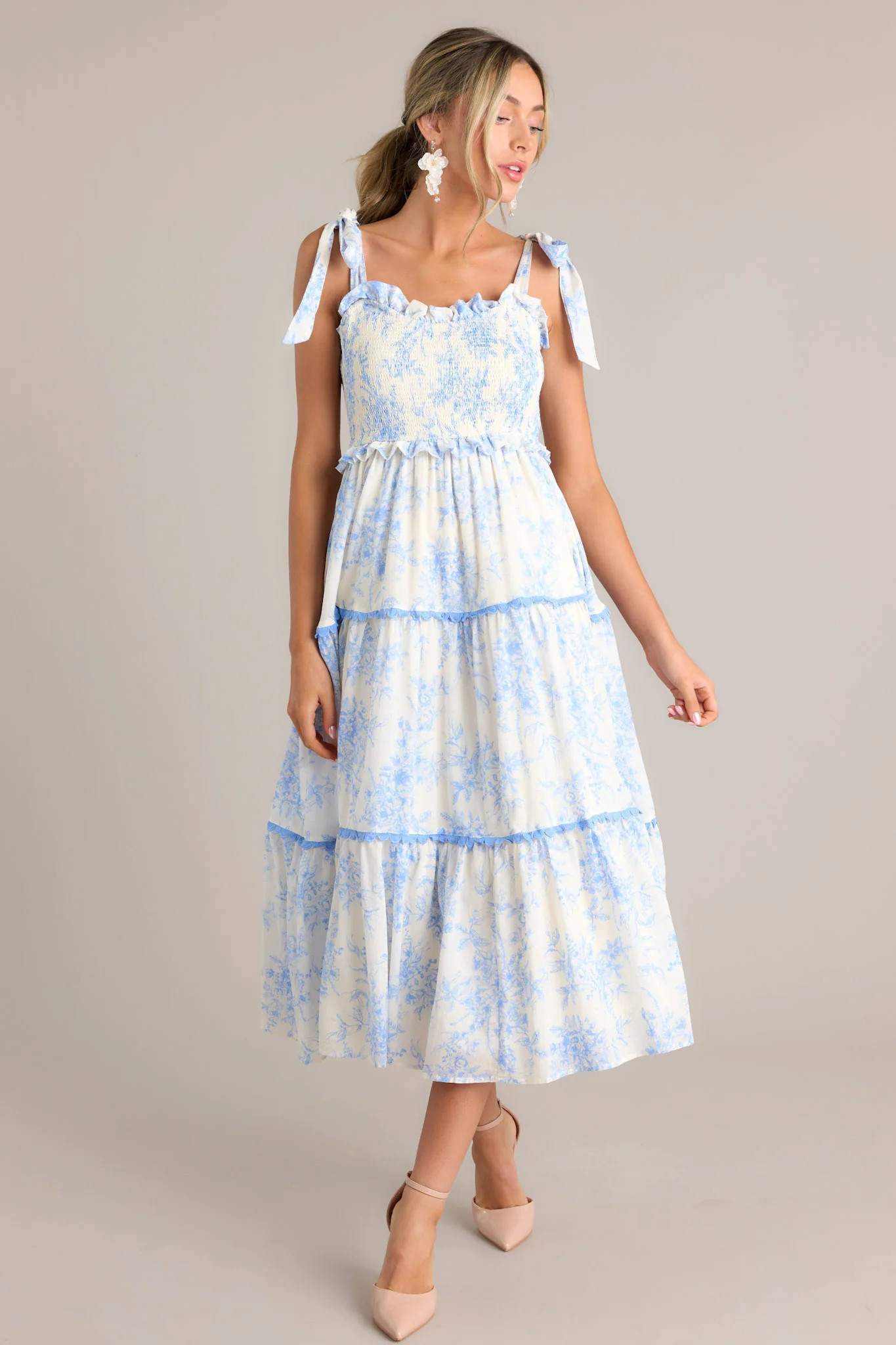 Meadow Serenade Blue Floral Toile Midi Dress | Red Dress