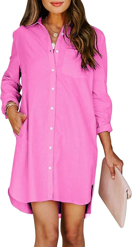 Womens Button Down Shirt Dresses with Pockets Cotton Button Up Tunics Long Sleeve Solid High Low ... | Amazon (US)
