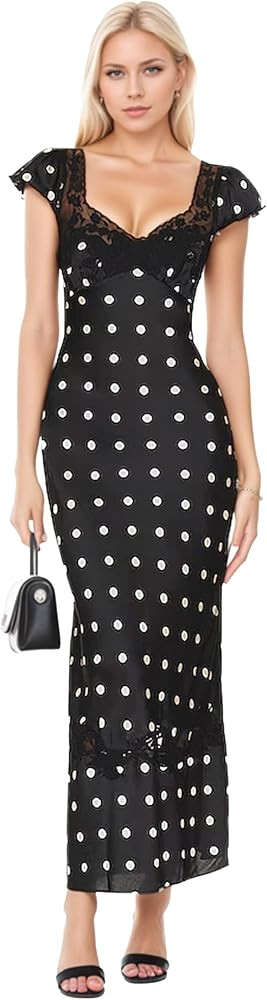 Women Polka Dot Dress Summer Boho Dresses for Women Sexy Lace Patchwork A-Line Maxi Dress with V-... | Amazon (US)