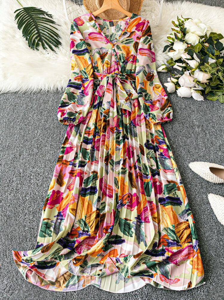 SHEIN Clasi 1pc Women's Elegant Floral Ruched V-Neck Wrap Dress With Belt And Long Sleeves Maxi W... | SHEIN