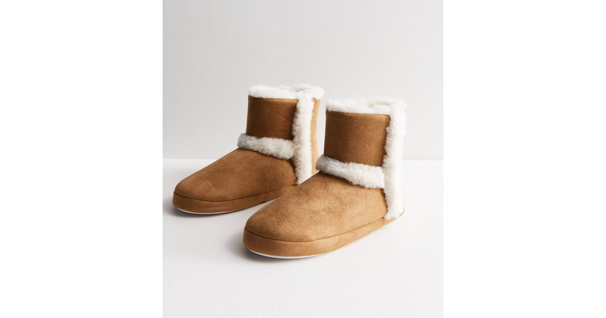 Tan Suedette Faux Fur Trim Slipper Boots | New Look | New Look (UK)