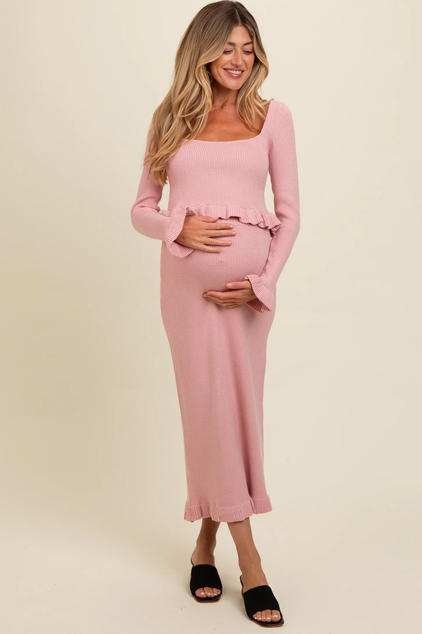 Pink Ruffle Hem Knit Top And Midi Skirt Maternity Set | PinkBlush Maternity