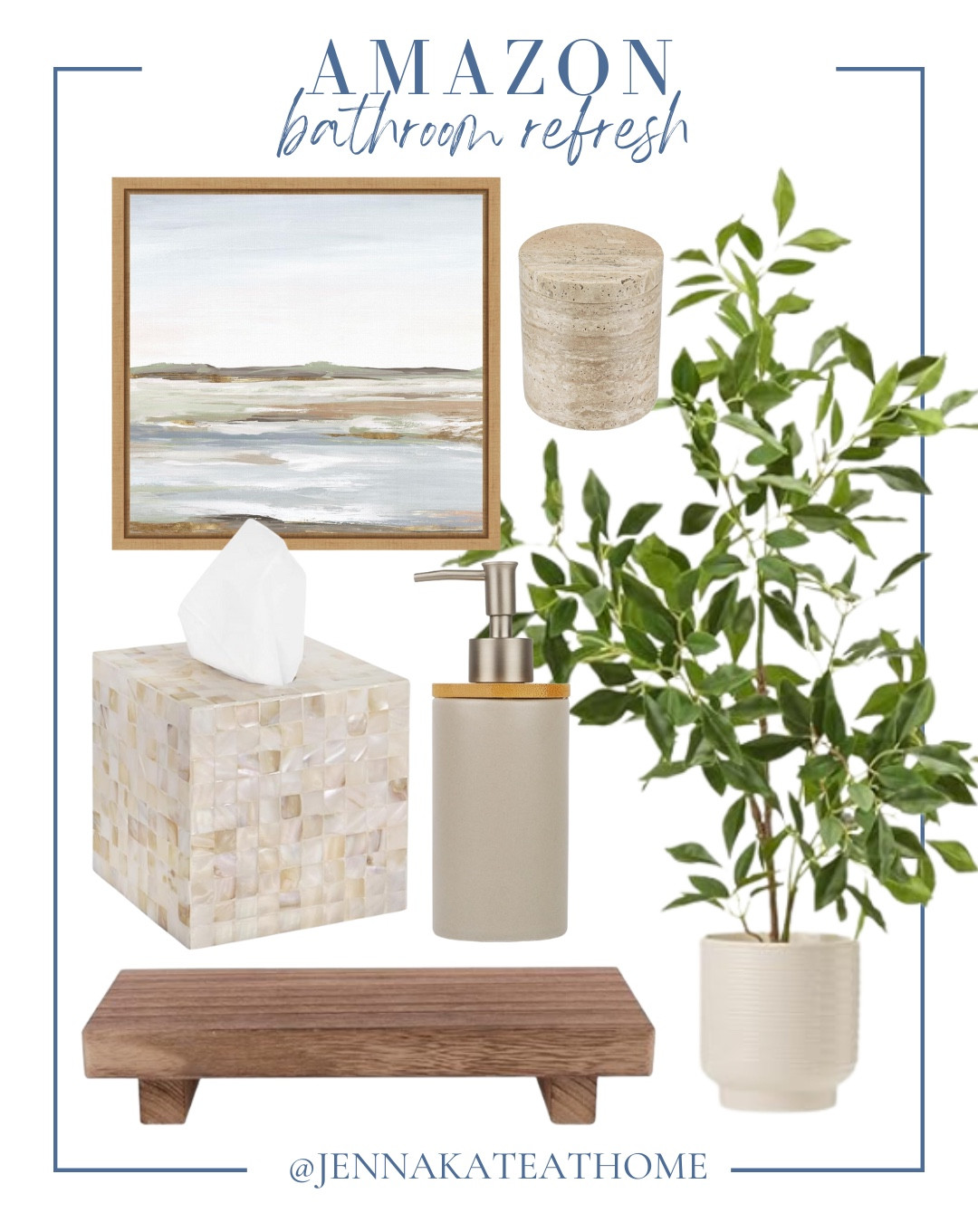 Bathroom refresh includes faux plant, tray, soap dispenser, tissue box cover, canister, and wall art.

Home decor, home accents, bathroom refresh

#LTKFindsUnder50 #LTKFindsUnder100 #LTKHome