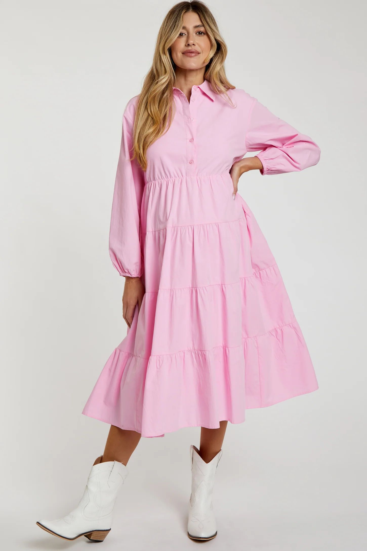 Pink Tiered Collared Maternity Midi Dress | PinkBlush Maternity