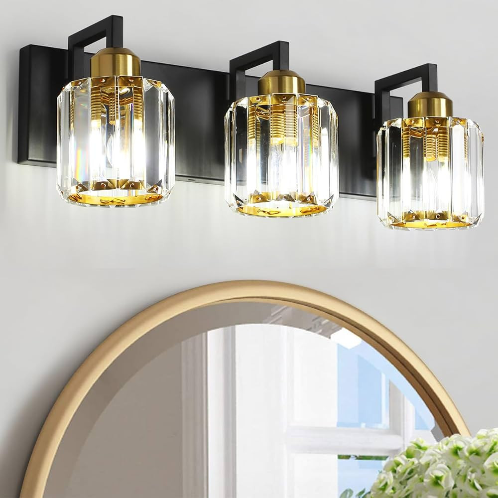WILON Bathroom Vanity Light Fixtures, Modern Crystal 3 Light Vanity Light Black Gold Bathroom Lig... | Amazon (US)