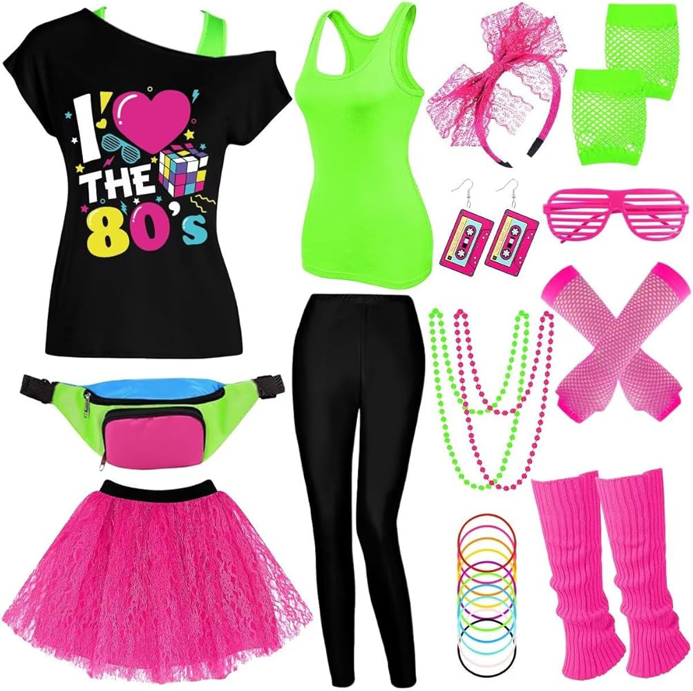 80s Outfit Women Costume Accessories Set, T-Shirt Tank Top Leggings Tutu Skirt Fanny Pack for Hal... | Amazon (US)