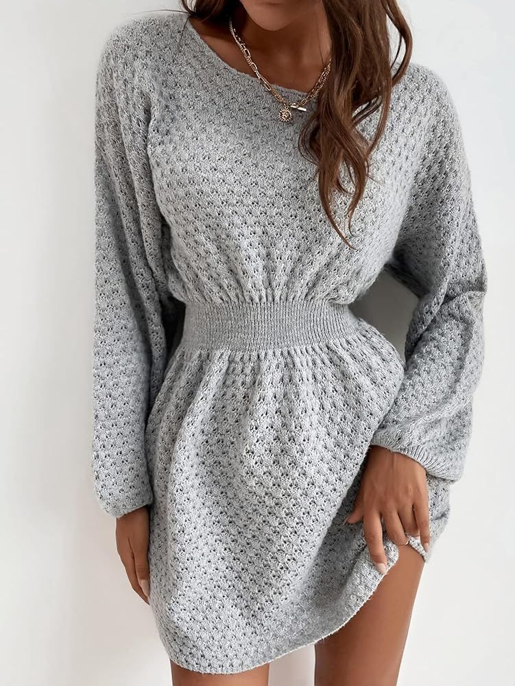 MakeMeChic Women's Batwing Long Sleeve Corset Waist Short Mini Sweater Dress | Amazon (US)